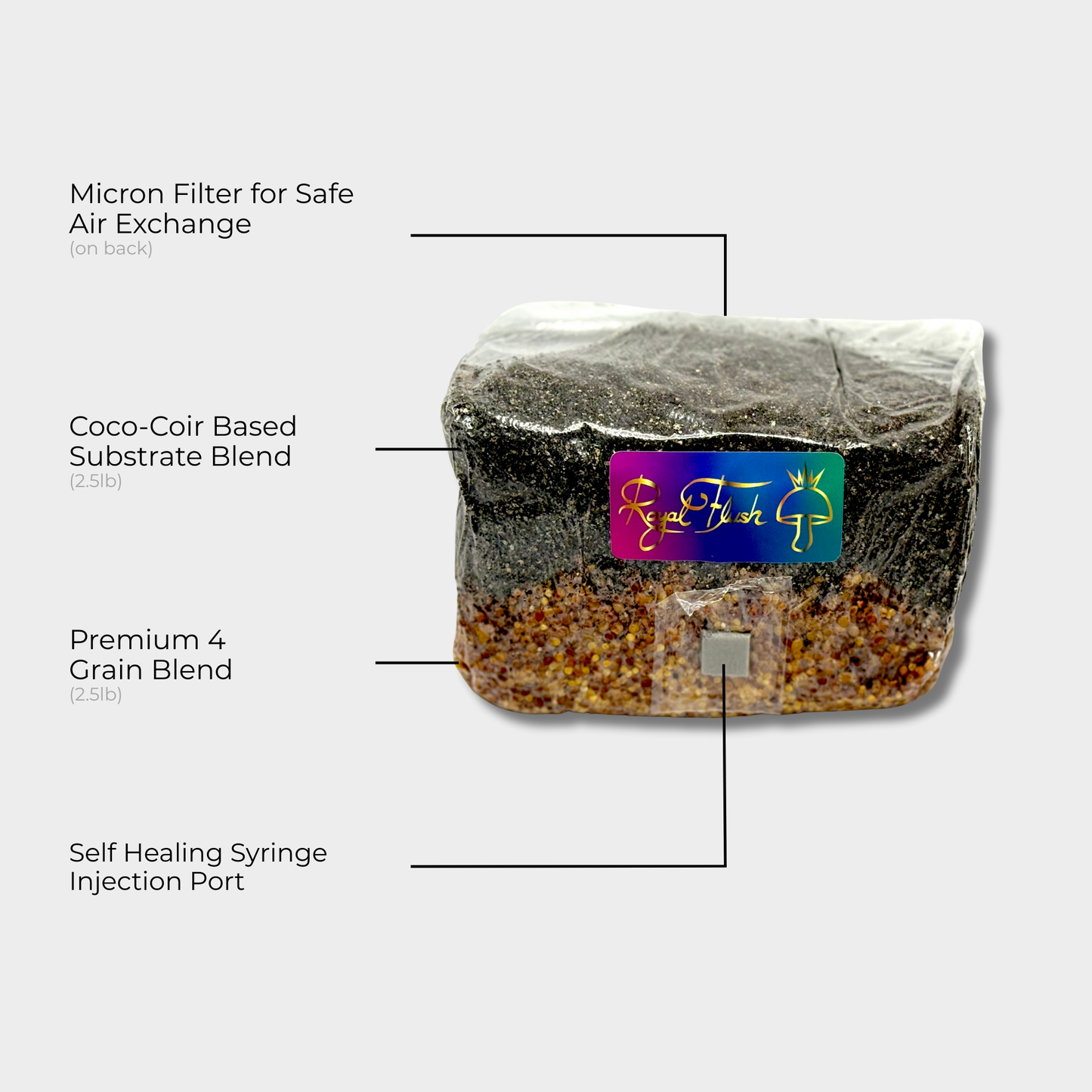 Labeled diagram of an all-in-one mushroom grow bag showing grain layer, substrate layer, self healing injection port, and micron filter