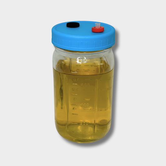 Pre-sterilized liquid culture jar with self-healing injection port, micron filter, and magnetic stir bar