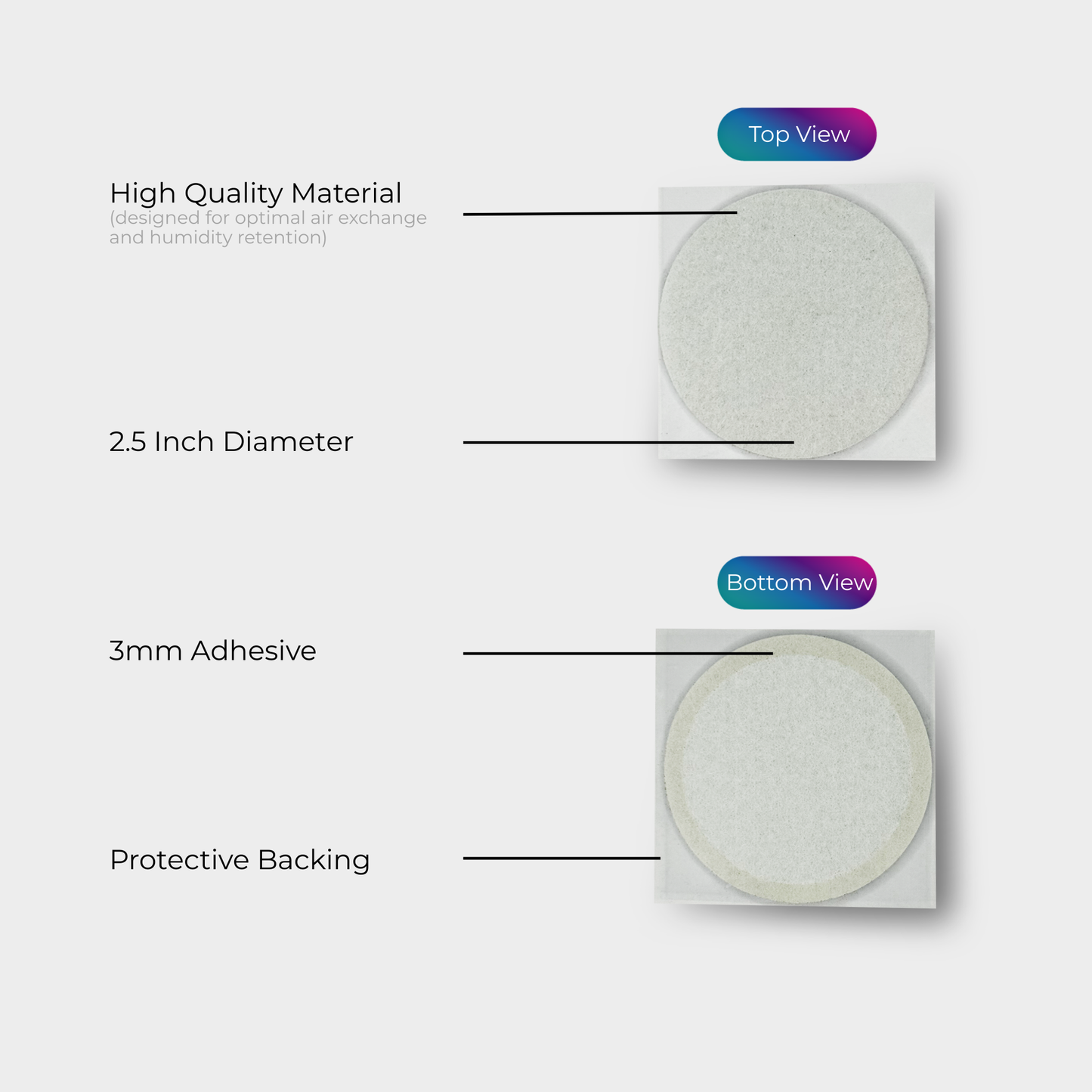 Labelled diagram of 2.5 inch diameter stick-on monotub air filters for mushroom fruiting
