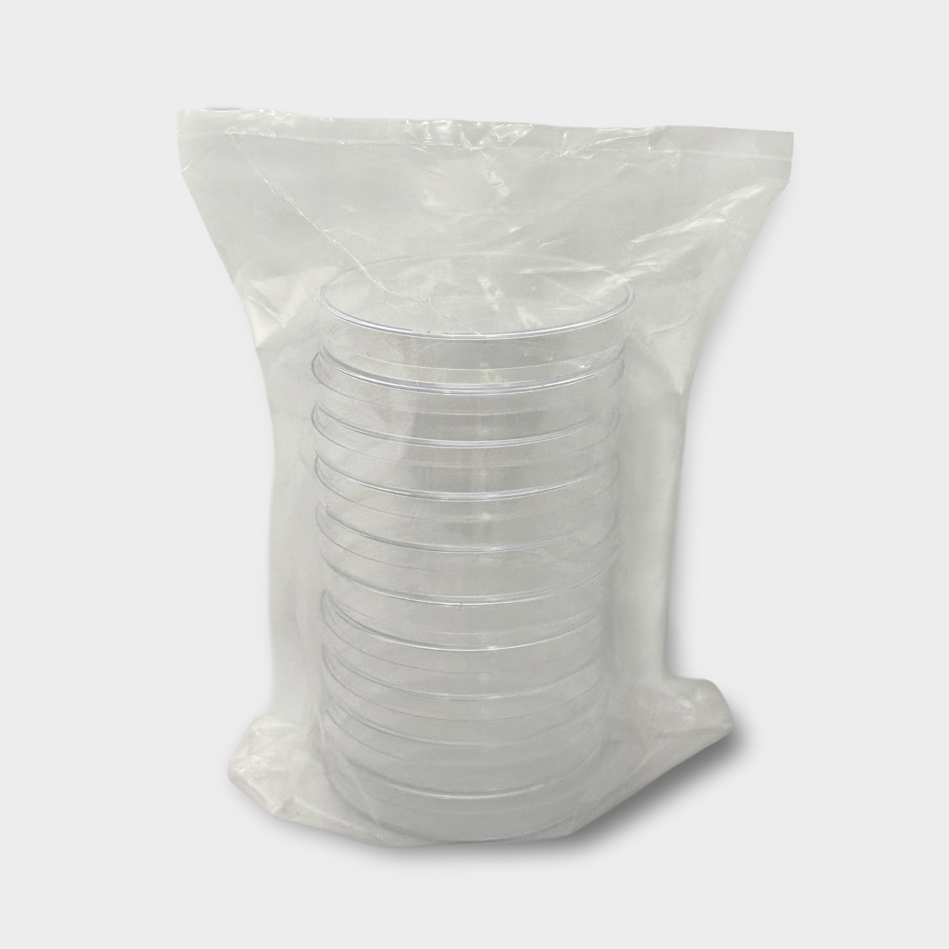 Sterile empty 90 mm plastic Petri dishes packaged in a sealed sleeve