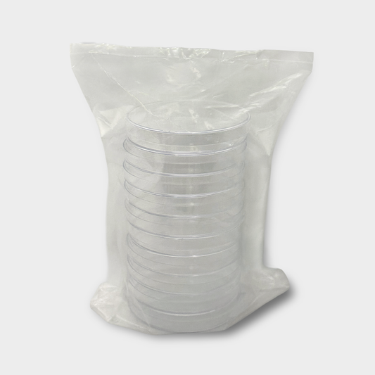 Sterile empty 90 mm plastic Petri dishes packaged in a sealed sleeve